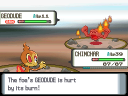 A Geodude gets hurt by a burn.
