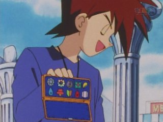 Gary Oak showing off 10 badges, some of which don't exist in the games.